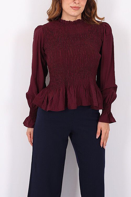 Gipeli Uzun Kol Mürdüm Kadın Peplum Bluz - Berox (1)