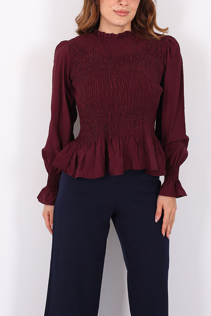 Gipeli Uzun Kol Mürdüm Kadın Peplum Bluz - 2