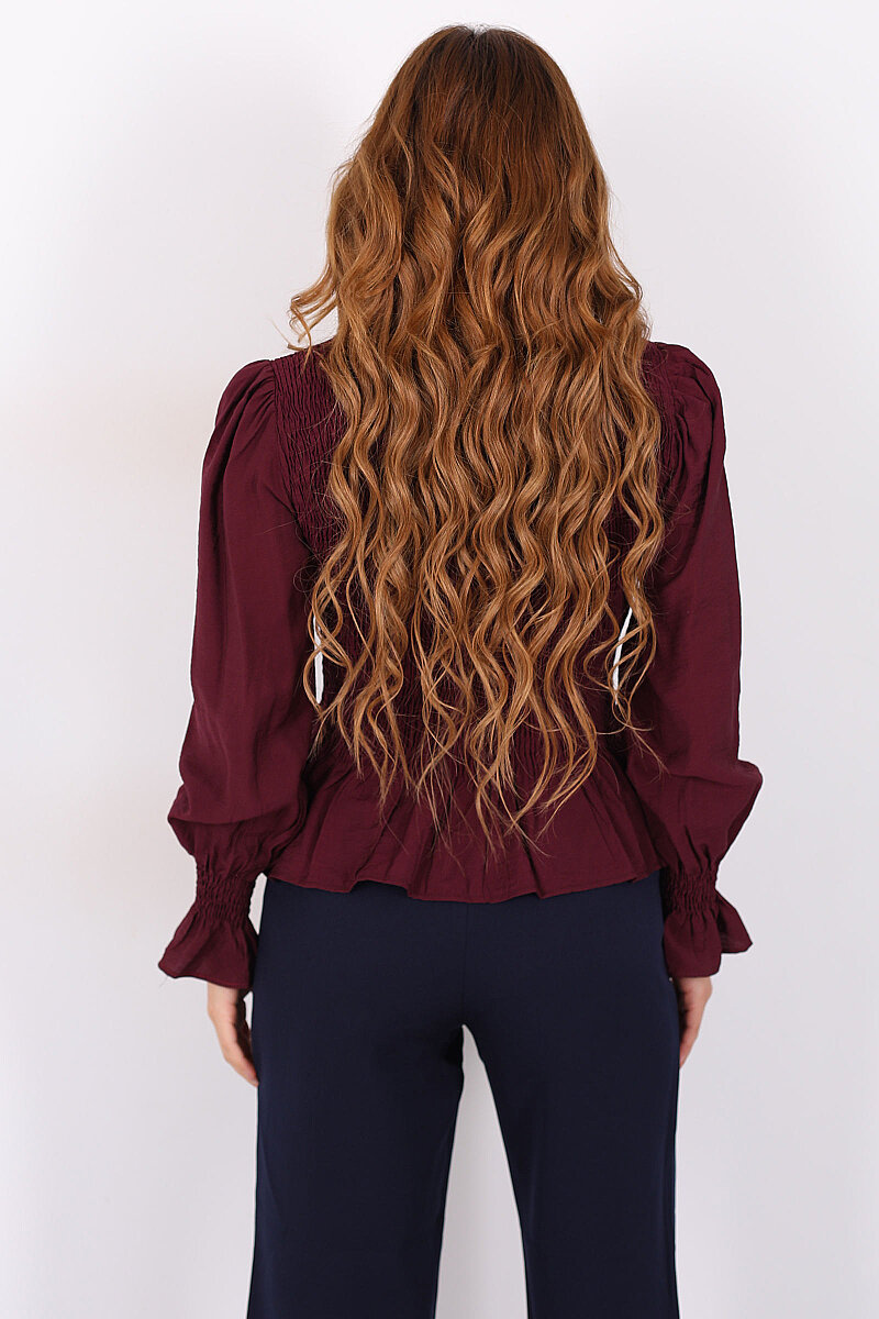 Gipeli Uzun Kol Mürdüm Kadın Peplum Bluz - 5