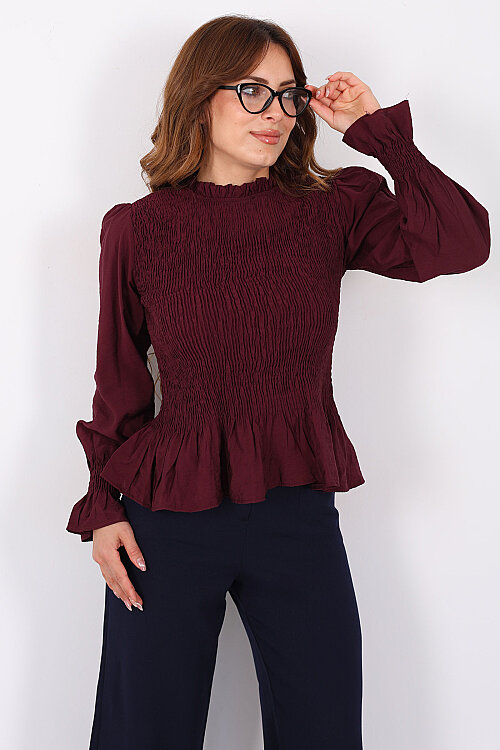 Gipeli Uzun Kol Mürdüm Kadın Peplum Bluz - 3