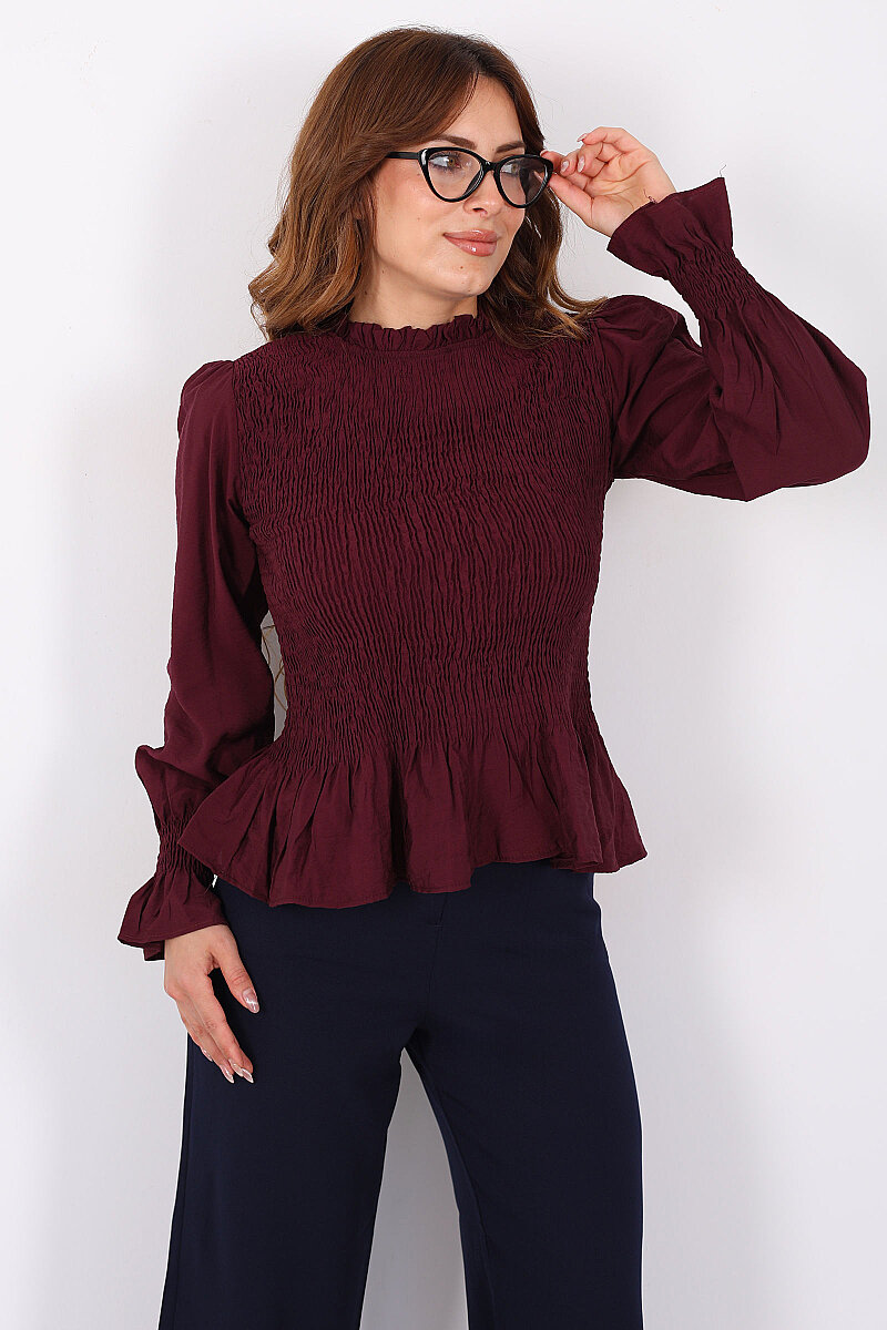 Gipeli Uzun Kol Mürdüm Kadın Peplum Bluz - 3