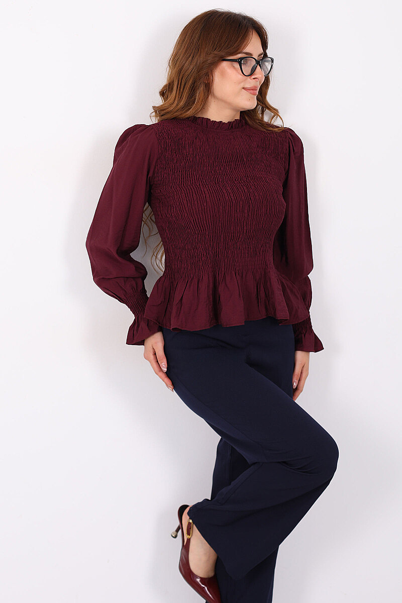 Gipeli Uzun Kol Mürdüm Kadın Peplum Bluz - 1