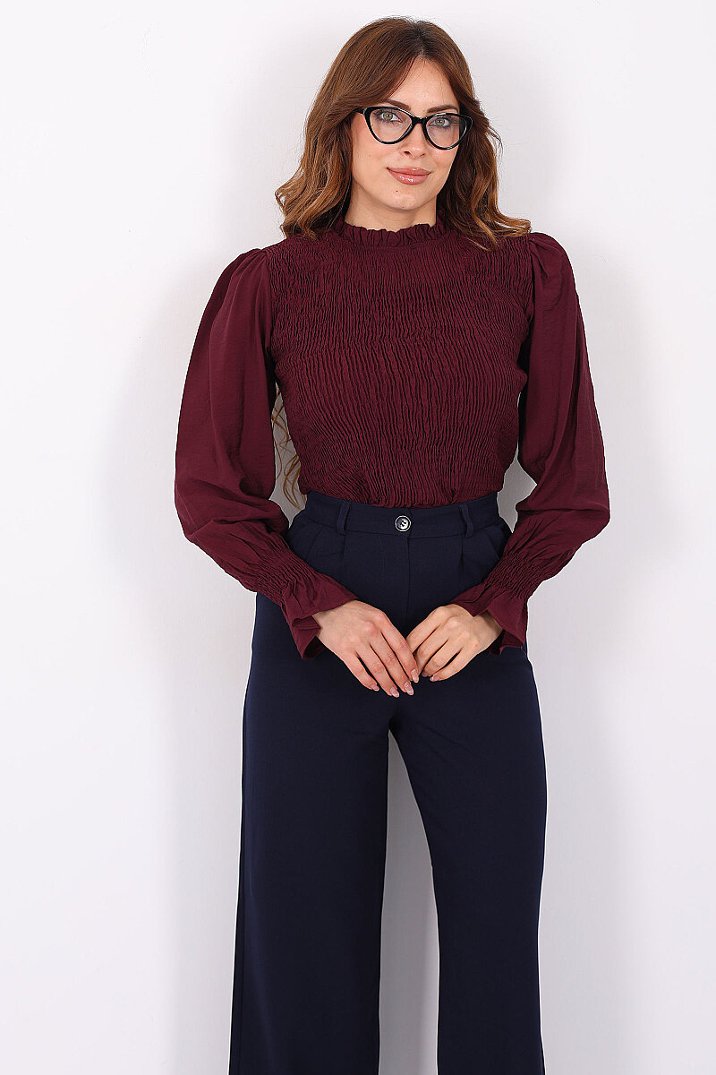 Gipeli Uzun Kol Mürdüm Kadın Peplum Bluz - 4