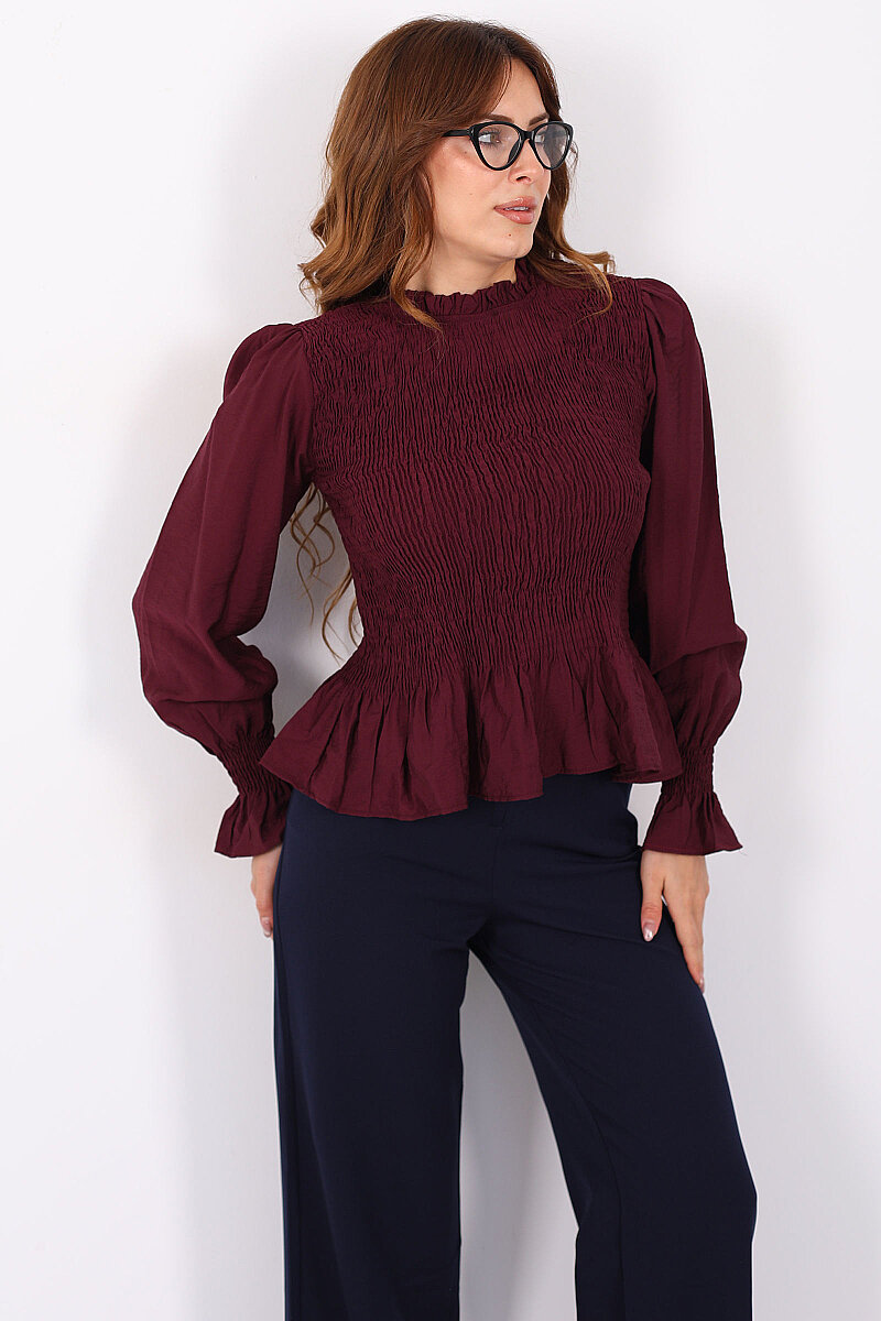 Gipeli Uzun Kol Mürdüm Kadın Peplum Bluz - 6