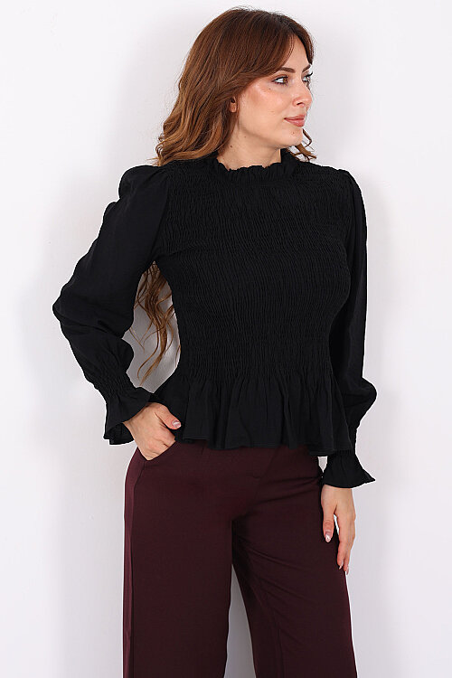Gipeli Uzun Kol Siyah Kadın Peplum Bluz - Berox