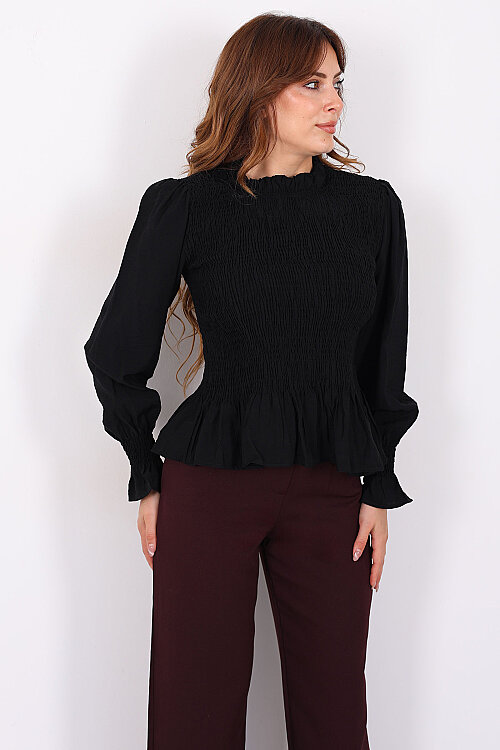 Gipeli Uzun Kol Siyah Kadın Peplum Bluz - 4