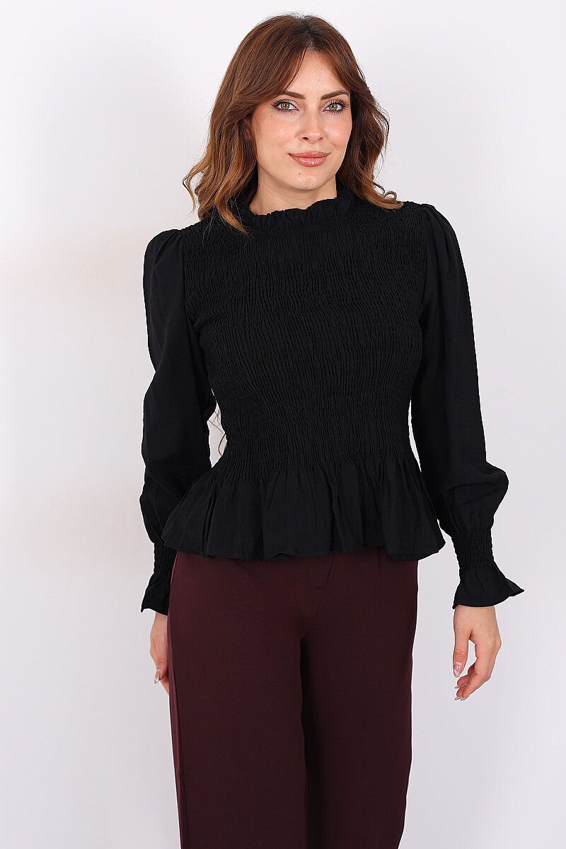 Gipeli Uzun Kol Siyah Kadın Peplum Bluz - 6