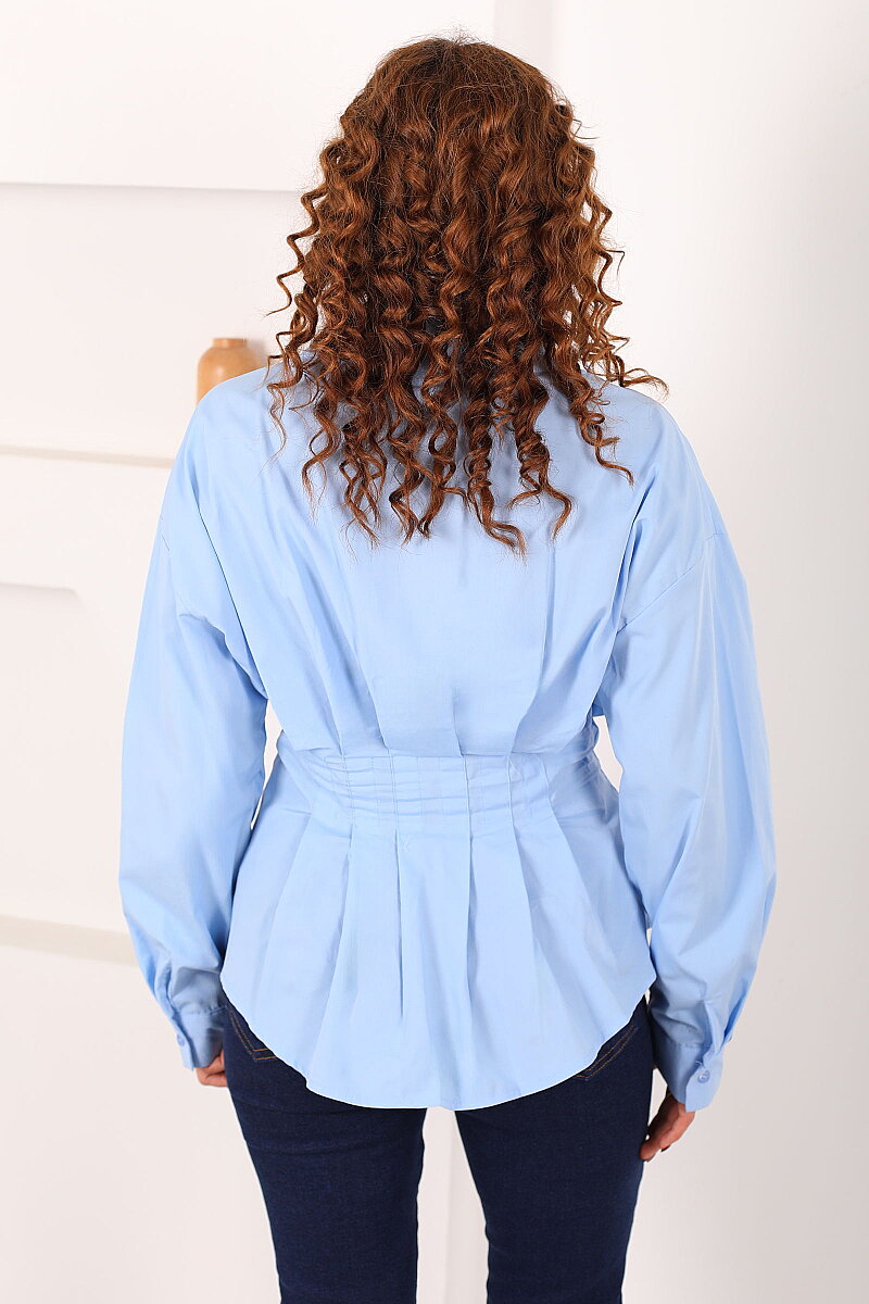Gizli Düğmeli Belden Oturtmalı Kadın Bebe Mavi Pileli Gömlek - 2