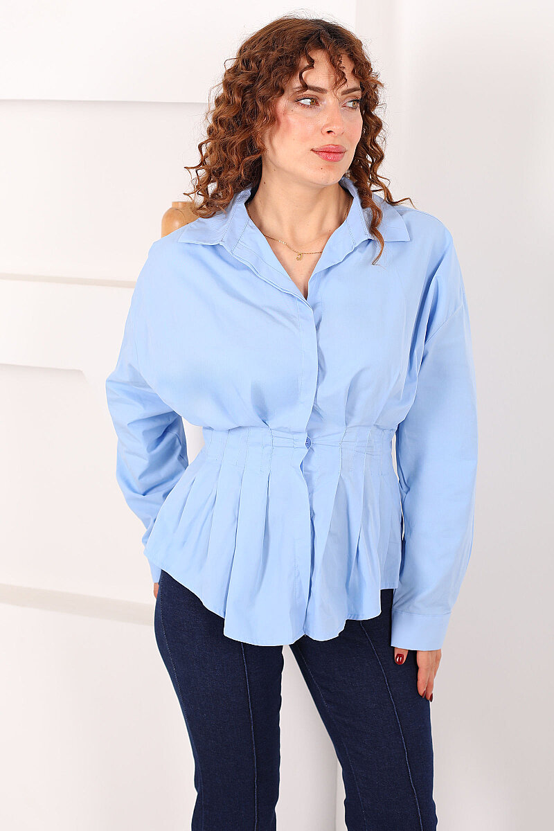 Gizli Düğmeli Belden Oturtmalı Kadın Bebe Mavi Pileli Gömlek - 6