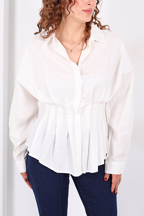 Gizli Düğmeli Belden Oturtmalı Kadın Ekru Pileli Gömlek - Berox (1)