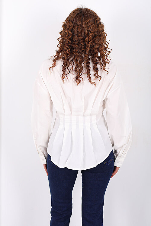 Gizli Düğmeli Belden Oturtmalı Kadın Ekru Pileli Gömlek - 5