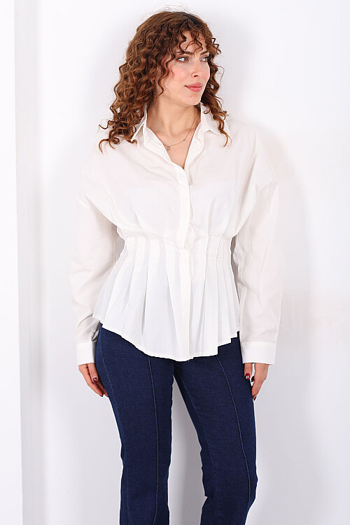 Gizli Düğmeli Belden Oturtmalı Kadın Ekru Pileli Gömlek - 4