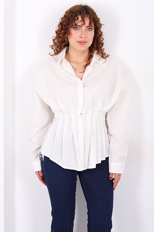 Gizli Düğmeli Belden Oturtmalı Kadın Ekru Pileli Gömlek - 6