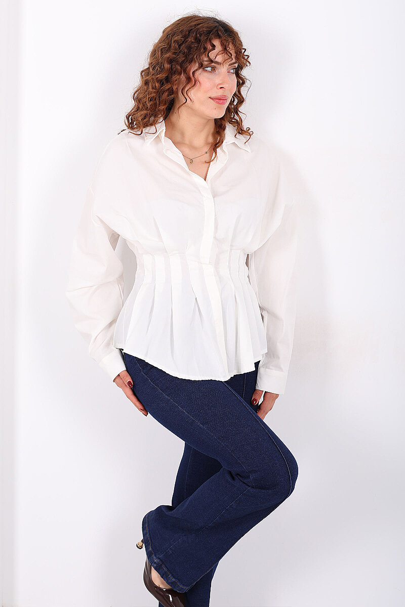 Gizli Düğmeli Belden Oturtmalı Kadın Ekru Pileli Gömlek - 1