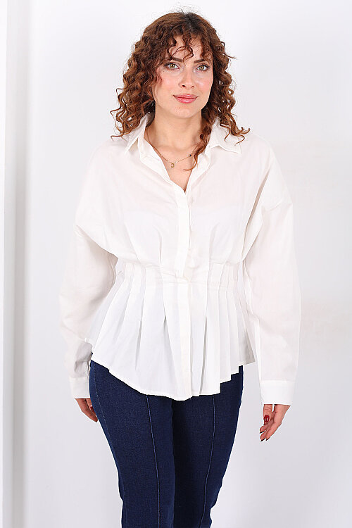 Gizli Düğmeli Belden Oturtmalı Kadın Ekru Pileli Gömlek - 3