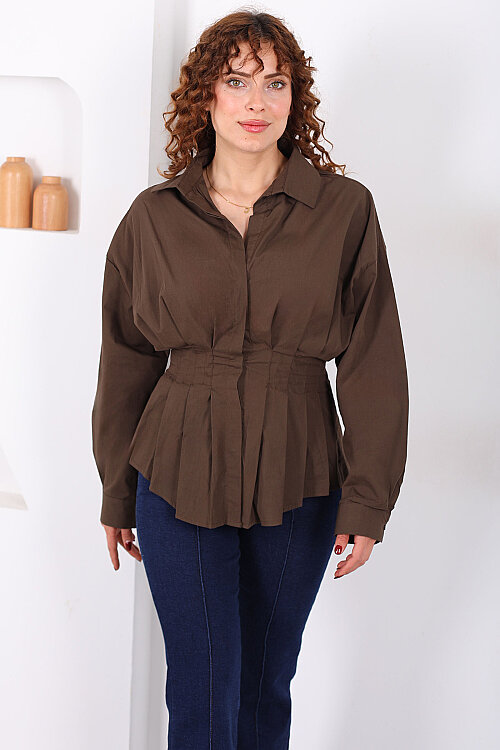 Gizli Düğmeli Belden Oturtmalı Kadın Kahverengi Pileli Gömlek - 6