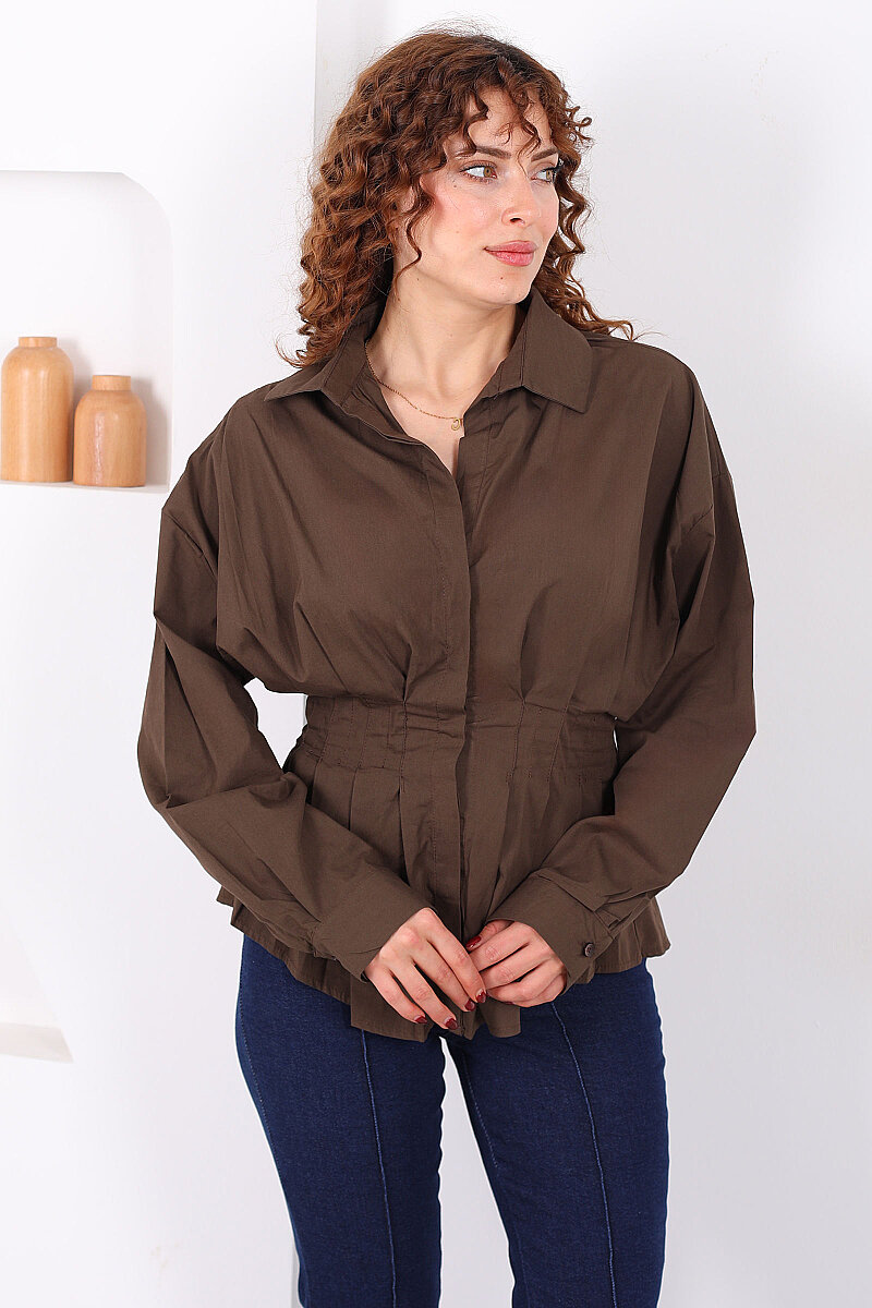 Gizli Düğmeli Belden Oturtmalı Kadın Kahverengi Pileli Gömlek - 4