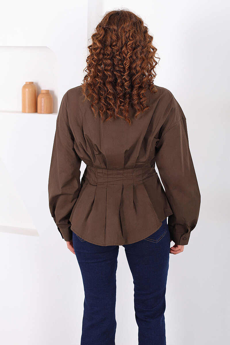 Gizli Düğmeli Belden Oturtmalı Kadın Kahverengi Pileli Gömlek - 5