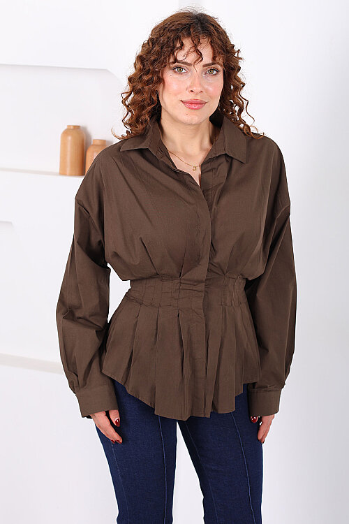 Gizli Düğmeli Belden Oturtmalı Kadın Kahverengi Pileli Gömlek - 3