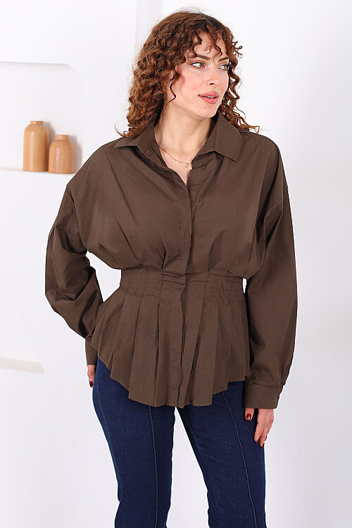 Gizli Düğmeli Belden Oturtmalı Kadın Kahverengi Pileli Gömlek - Berox