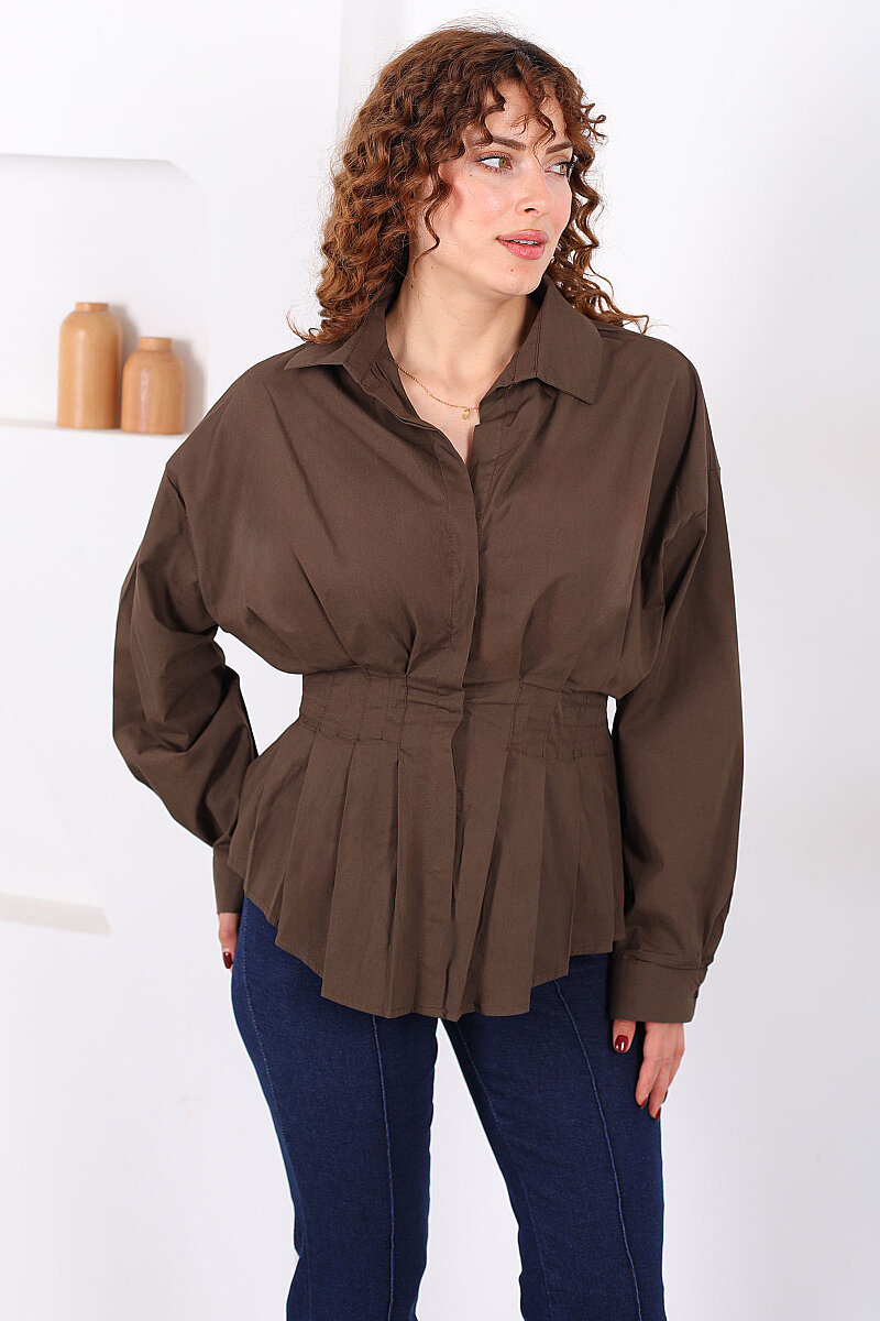 Gizli Düğmeli Belden Oturtmalı Kadın Kahverengi Pileli Gömlek - 1