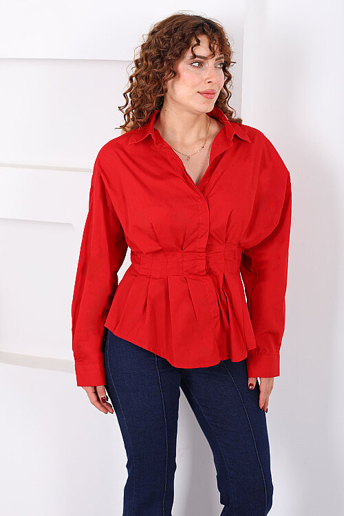 Gizli Düğmeli Belden Oturtmalı Kadın Kırmızı Pileli Gömlek - Berox
