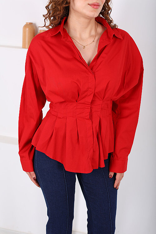 Gizli Düğmeli Belden Oturtmalı Kadın Kırmızı Pileli Gömlek - Berox (1)