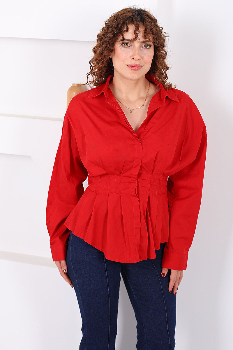 Gizli Düğmeli Belden Oturtmalı Kadın Kırmızı Pileli Gömlek - 6