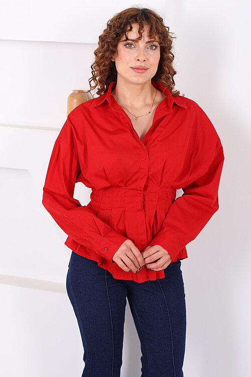 Gizli Düğmeli Belden Oturtmalı Kadın Kırmızı Pileli Gömlek - 3