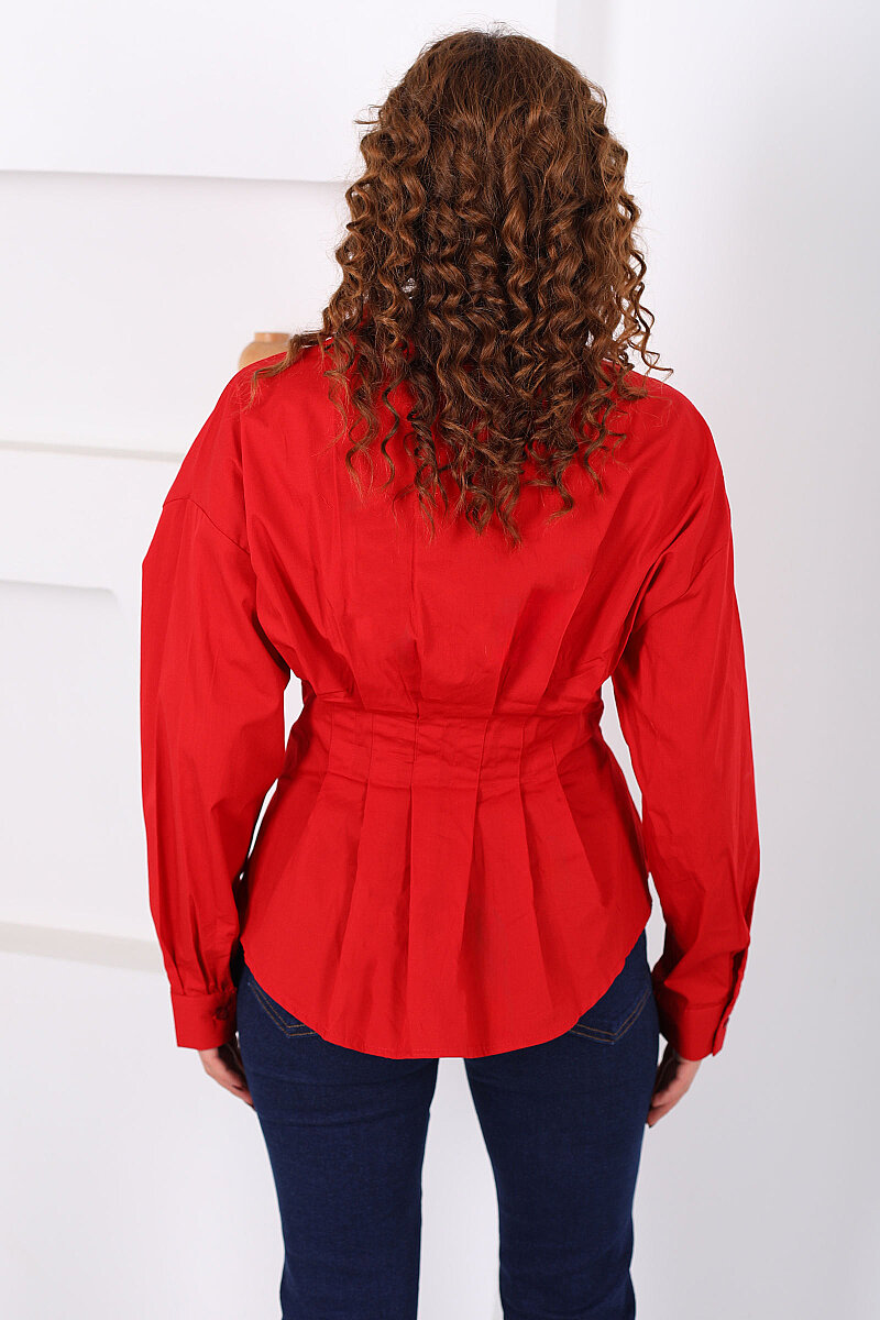 Gizli Düğmeli Belden Oturtmalı Kadın Kırmızı Pileli Gömlek - 5