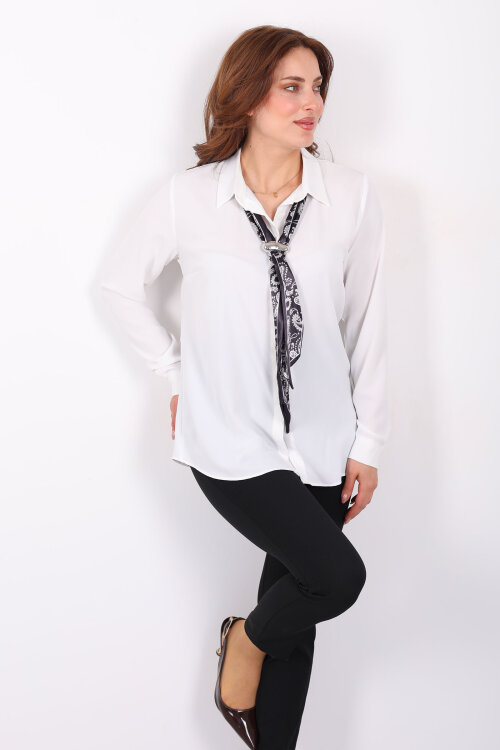 Gizli Düğmeli Fularlı Kadın Beyaz Saten Gömlek - Berox