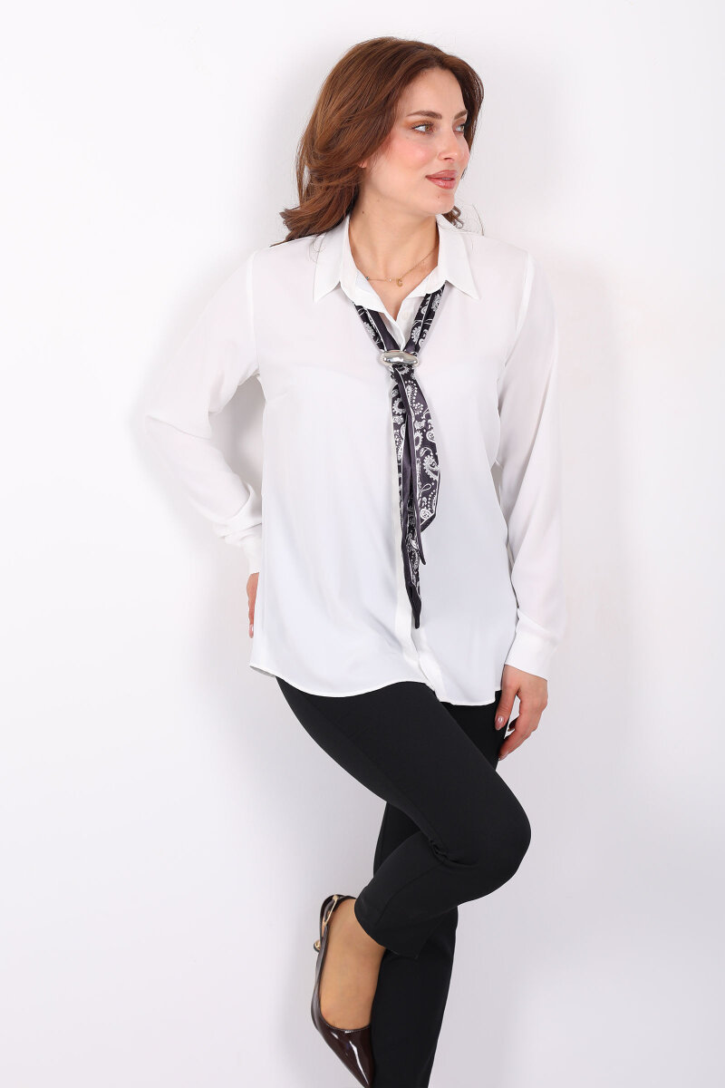 Gizli Düğmeli Fularlı Kadın Beyaz Saten Gömlek - 1