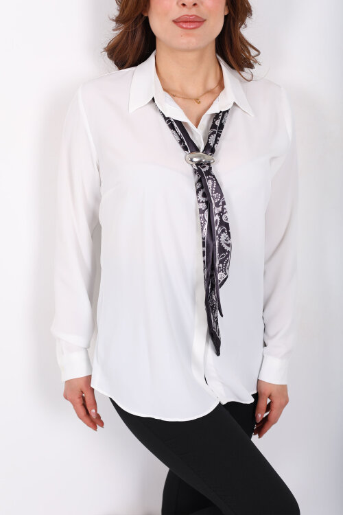 Gizli Düğmeli Fularlı Kadın Beyaz Saten Gömlek - Berox (1)