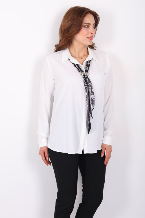 Gizli Düğmeli Fularlı Kadın Beyaz Saten Gömlek - 5