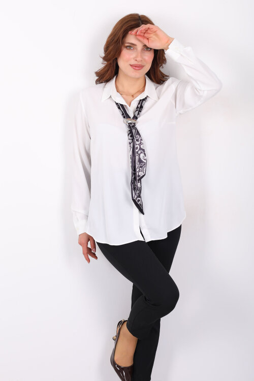 Gizli Düğmeli Fularlı Kadın Beyaz Saten Gömlek - 3