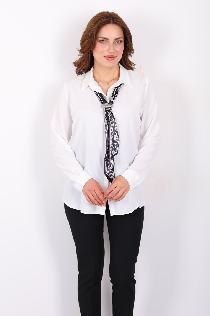 Gizli Düğmeli Fularlı Kadın Beyaz Saten Gömlek - 4