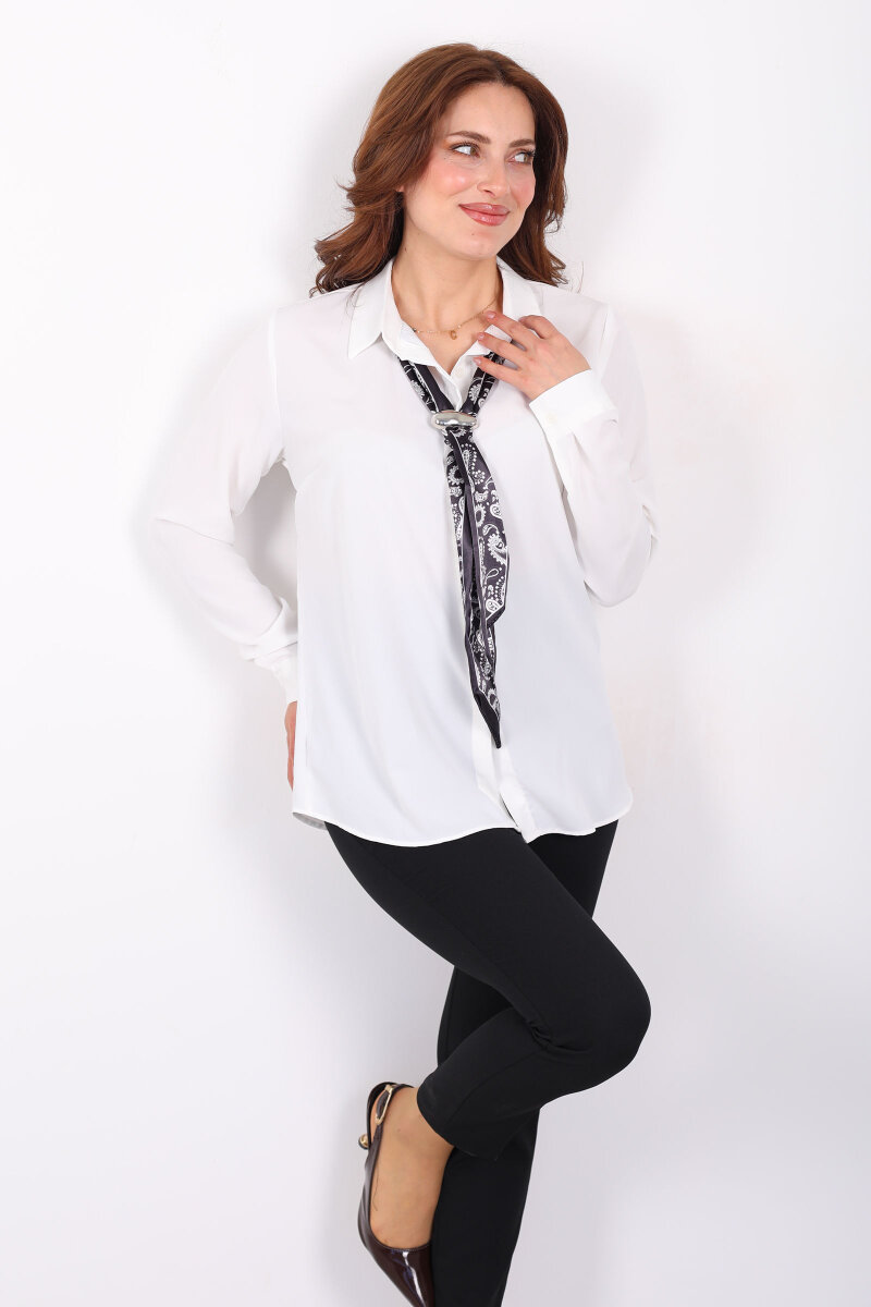 Gizli Düğmeli Fularlı Kadın Beyaz Saten Gömlek - 7