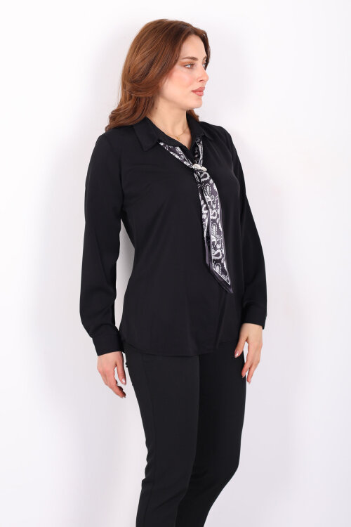 Gizli Düğmeli Fularlı Kadın Siyah Saten Gömlek - 6