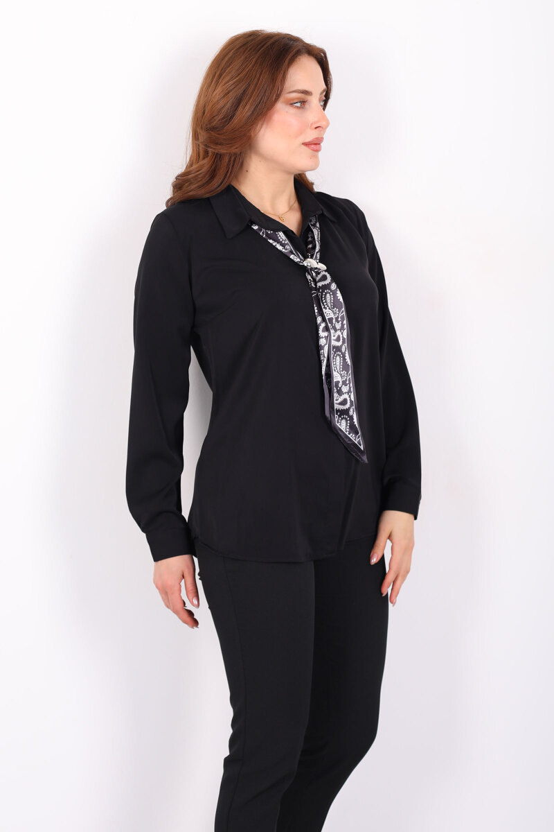 Gizli Düğmeli Fularlı Kadın Siyah Saten Gömlek - 6