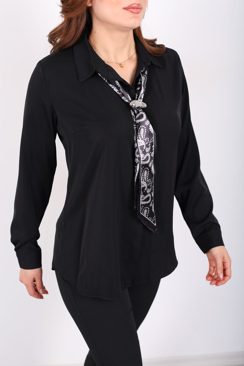 Gizli Düğmeli Fularlı Kadın Siyah Saten Gömlek - 2