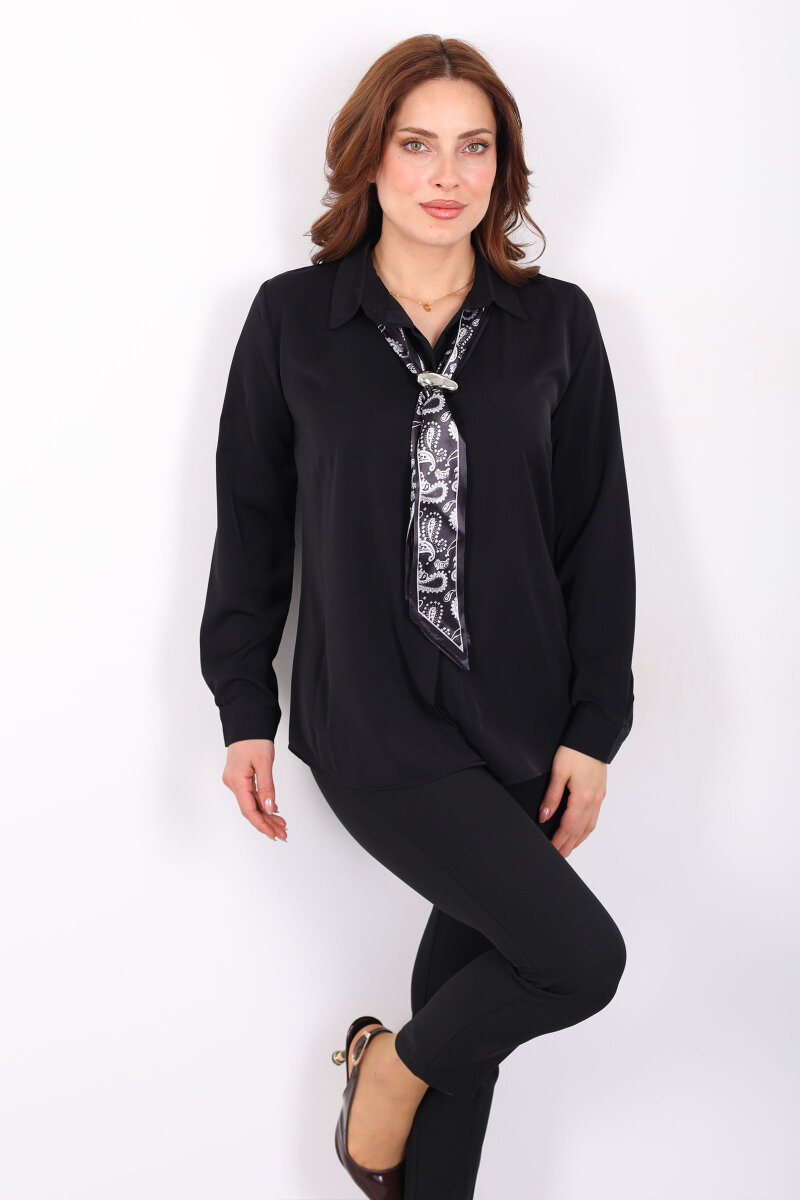 Gizli Düğmeli Fularlı Kadın Siyah Saten Gömlek - 3