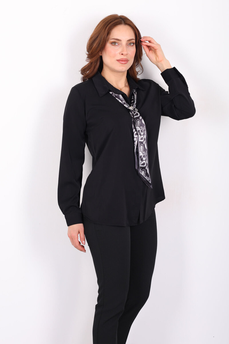 Gizli Düğmeli Fularlı Kadın Siyah Saten Gömlek - 1