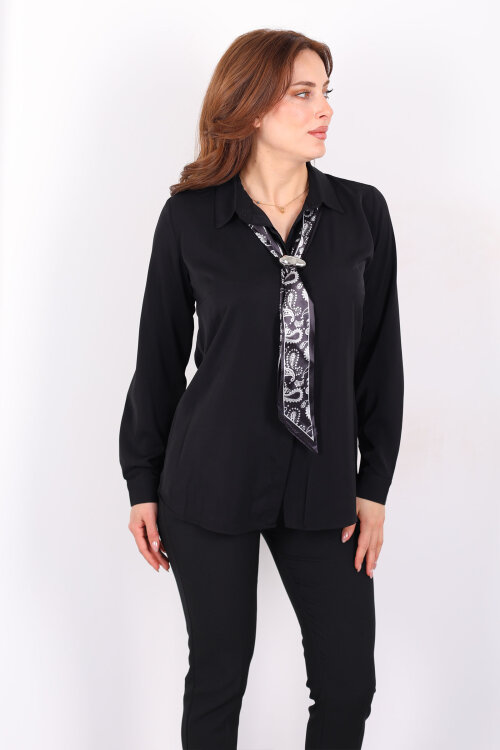 Gizli Düğmeli Fularlı Kadın Siyah Saten Gömlek - 4