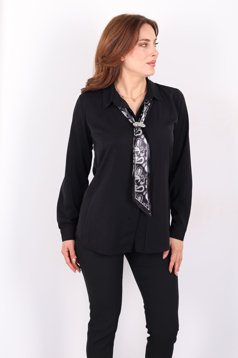 Gizli Düğmeli Fularlı Kadın Siyah Saten Gömlek - 4