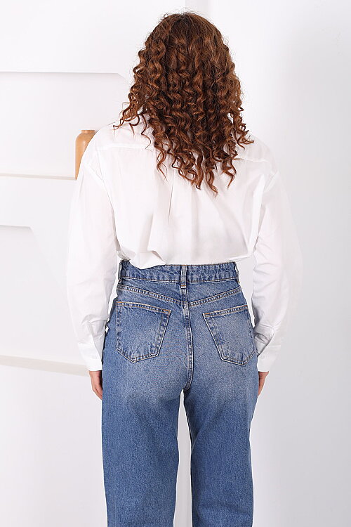 Gizli Düğmeli Kravatlı Kadın Beyaz Tek Cepli Gömlek - 5