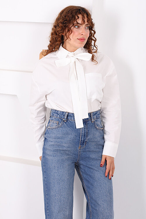 Gizli Düğmeli Kravatlı Kadın Beyaz Tek Cepli Gömlek - 4