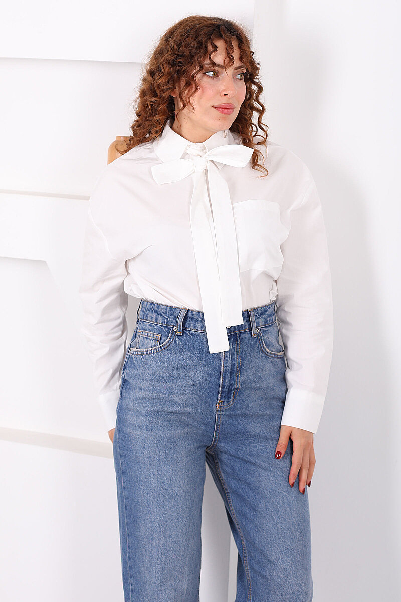 Gizli Düğmeli Kravatlı Kadın Beyaz Tek Cepli Gömlek - 4