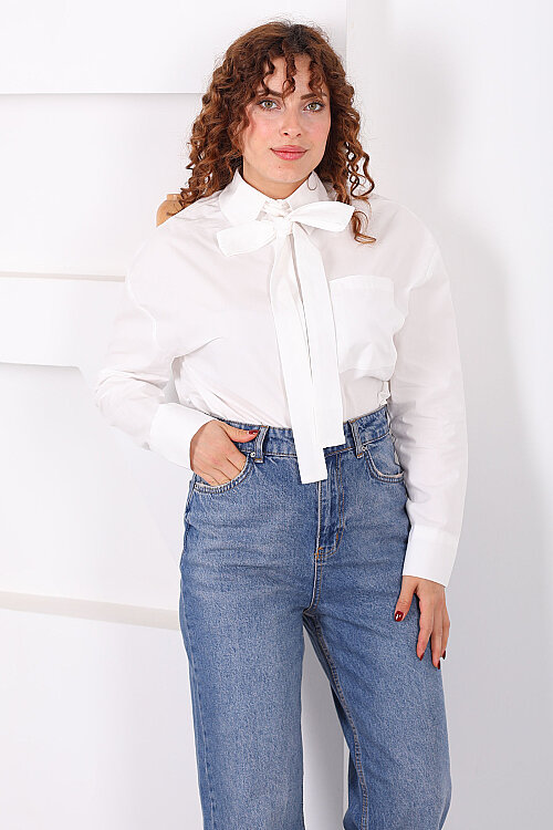 Gizli Düğmeli Kravatlı Kadın Beyaz Tek Cepli Gömlek - Berox