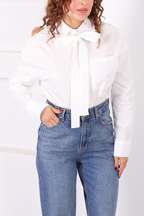 Gizli Düğmeli Kravatlı Kadın Beyaz Tek Cepli Gömlek - Berox (1)