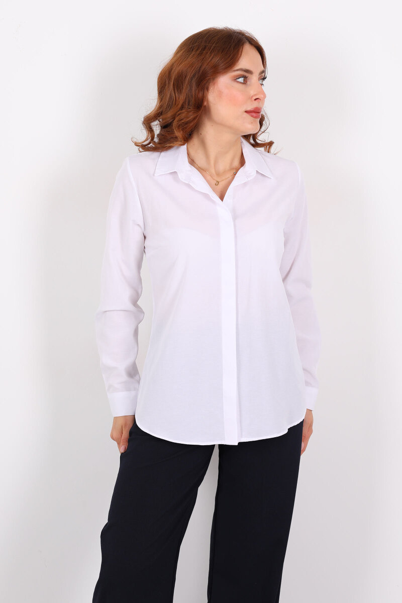 Gizli Patlı Yakalı Beyaz Kadın Gömlek - 3